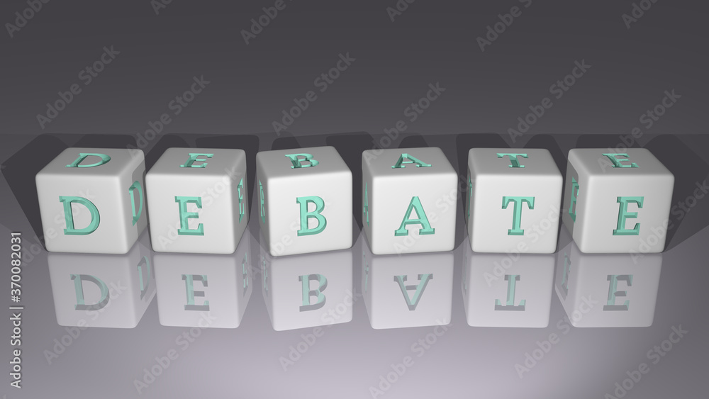 Poster debate built by dice letters and color crossing for the related meanings of the concept by 3d render