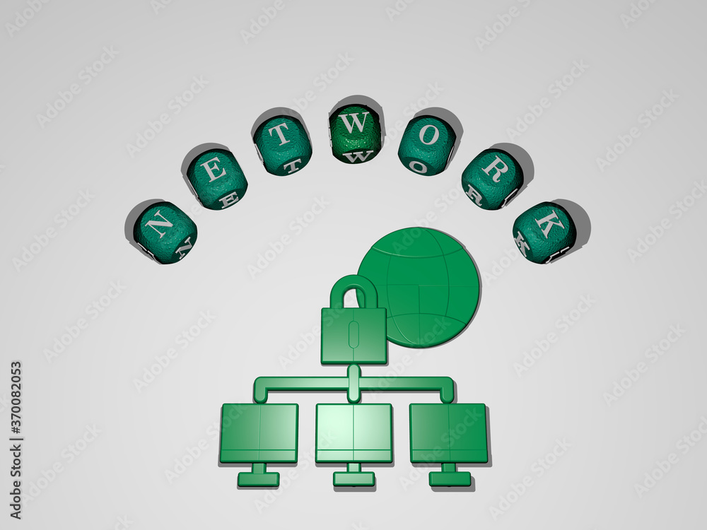 Poster 3d representation of network with icon on the wall and text arranged by metallic cubic letters on a 