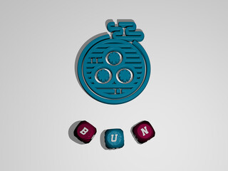 3D representation of BUN with icon on the wall and text arranged by metallic cubic letters on a mirror floor for concept meaning and slideshow presentation. background and bread