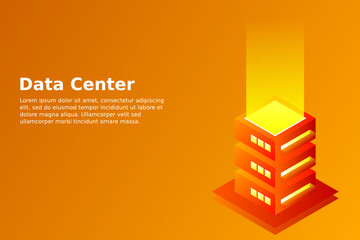 Datacenter isometric vector illustration. Abstract 3d hosting server or data center room background. Network or mainframe infrastructure website header layout. Computer storage or farming workstation.