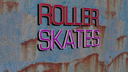 3D representation of ROLLER SKATES with icon on the wall and text arranged by metallic cubic letters on a mirror floor for concept meaning and slideshow presentation. illustration and background