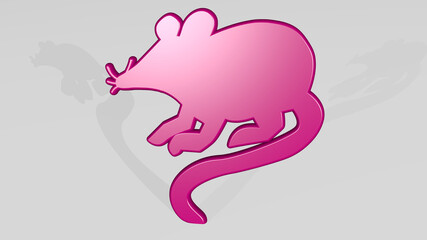 MOUSE stand with shadow. 3D illustration of metallic sculpture over a white background with mild texture. computer and animal