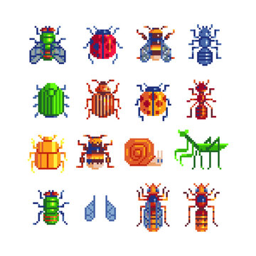 Different insects set. Pixel art 80s style icons. Element design for stickers, logo, embroidery, mobile app. Video game assets sprite sheet. Bug, butterfly, grasshopper. Isolated vector illustration.