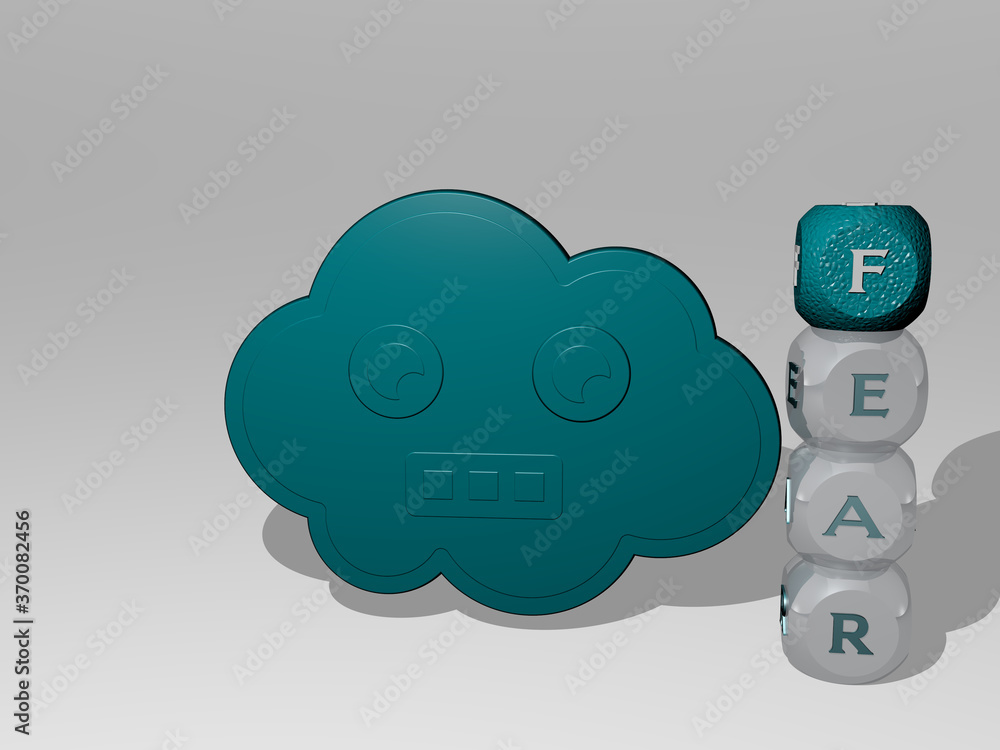 Poster 3d representation of fear with icon on the wall and text arranged by metallic cubic letters on a mir