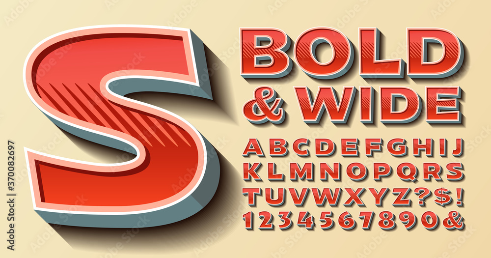 Poster a bold and wide vector alphabet in a retro style. 3d effects on capital letters. extended font with 
