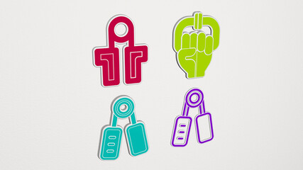 HANDGRIP made by 3D illustration of a shiny metallic sculpture on a wall with light background