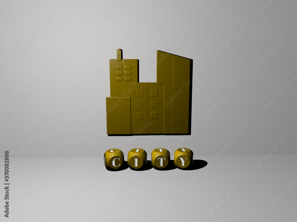 Poster 3d representation of city with icon on the wall and text arranged by metallic cubic letters on a mir