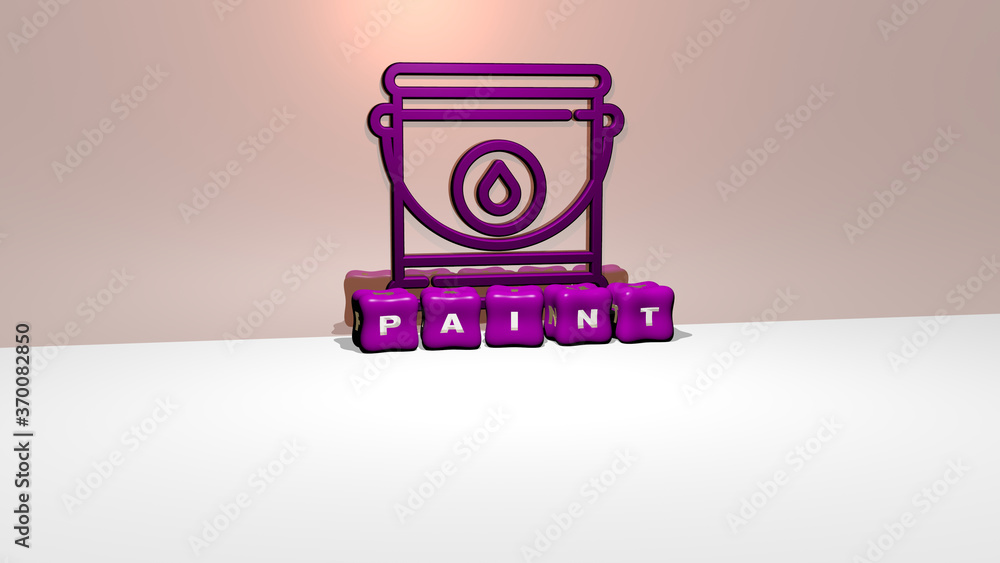 Poster 3d graphical image of paint vertically along with text built by metallic cubic letters from the top 