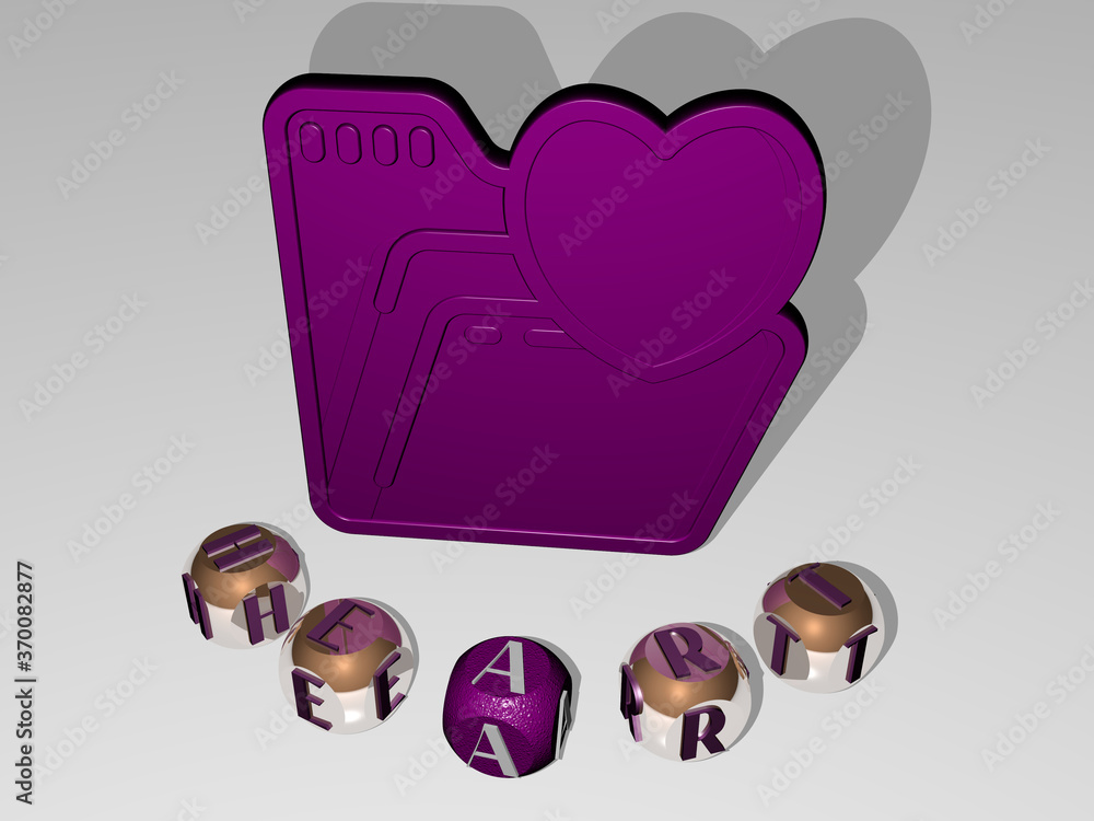 Poster 3d graphical image of heart vertically along with text built around the icon by metallic cubic lette
