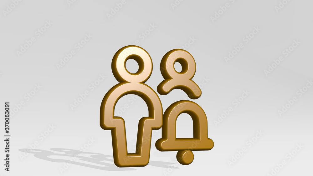 Poster MULTIPLE ACTIONS ALARM stand with shadow. 3D illustration of metallic sculpture over a white background with mild texture. abstract and blue