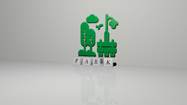 3D graphical image of park vertically along with text built by metallic cubic letters from the top perspective, excellent for the concept presentation and slideshows. beautiful and national
