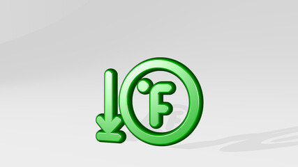 TEMPERATURE FAHRENHEIT LOW from a perspective with the shadow. A thick sculpture made of metallic materials of 3D rendering. illustration and cold