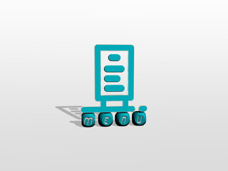 3D graphical image of menu vertically along with text built by metallic cubic letters from the top perspective, excellent for the concept presentation and slideshows. illustration and background