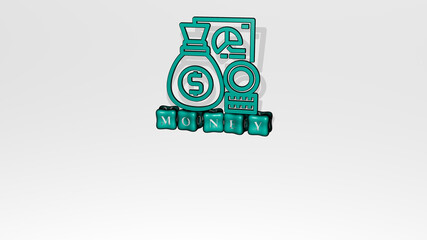 3D illustration of MONEY graphics and text made by metallic dice letters for the related meanings of the concept and presentations. business and background