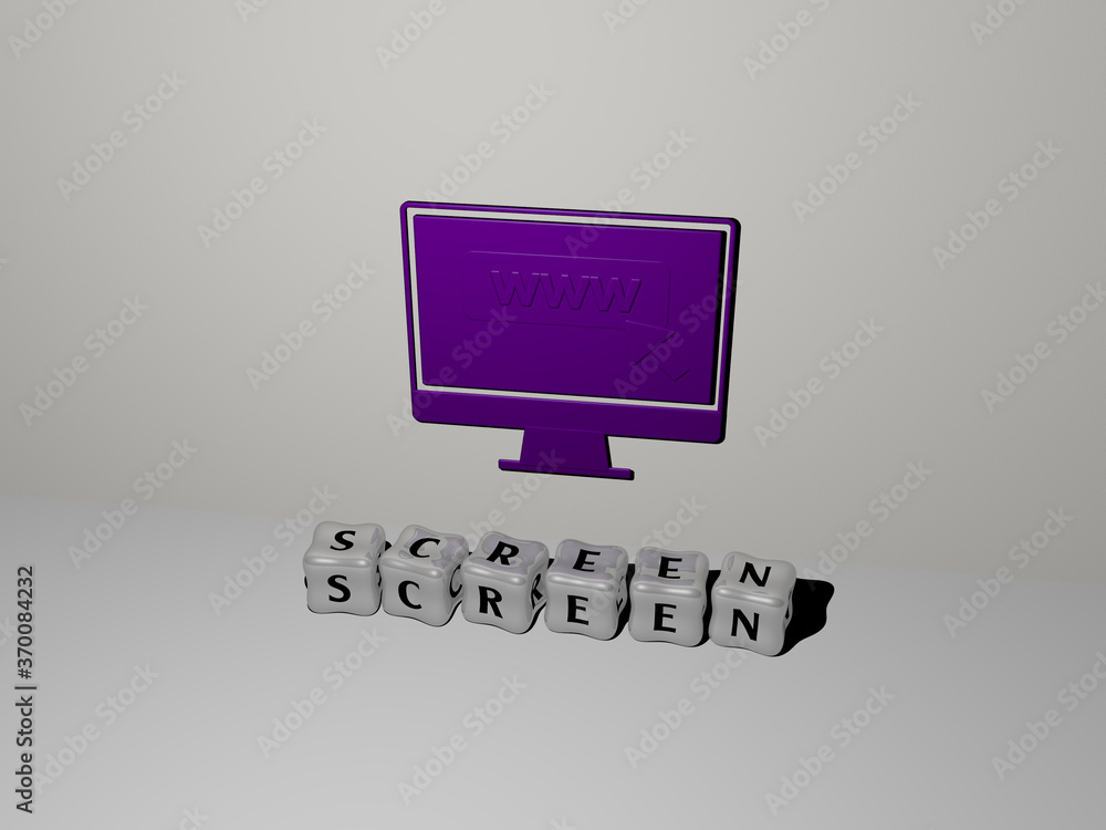Poster 3d representation of screen with icon on the wall and text arranged by metallic cubic letters on a m