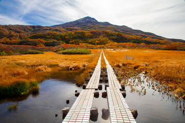 紅葉の鳥海山と竜ヶ原湿原遊歩道