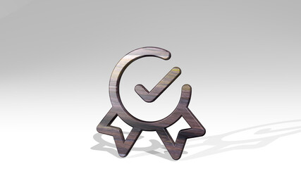 CERTIFIED RIBBON casting shadow with two lights. 3D illustration of metallic sculpture over a white background with mild texture. icon and business