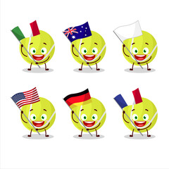 Tennis ball cartoon character bring the flags of various countries