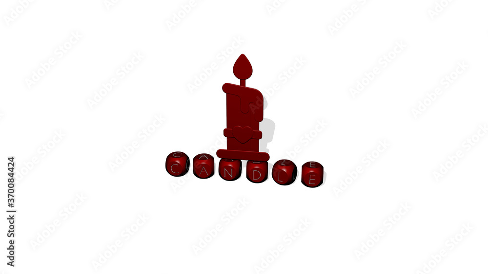 Poster 3d representation of candle with icon on the wall and text arranged by metallic cubic letters on a m