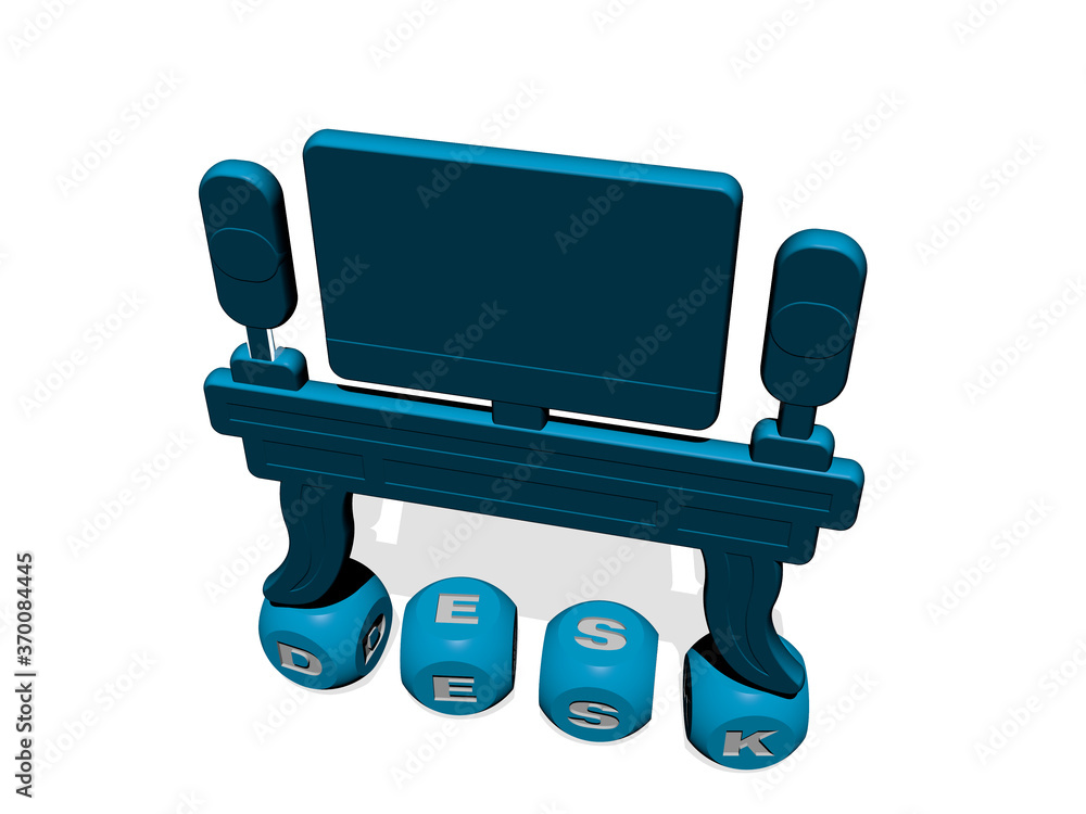 Poster 3d representation of desk with icon on the wall and text arranged by metallic cubic letters on a mir