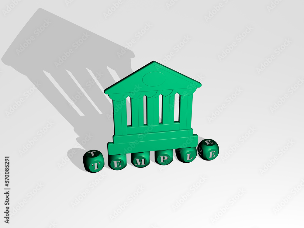 Poster 3d representation of temple with icon on the wall and text arranged by metallic cubic letters on a m