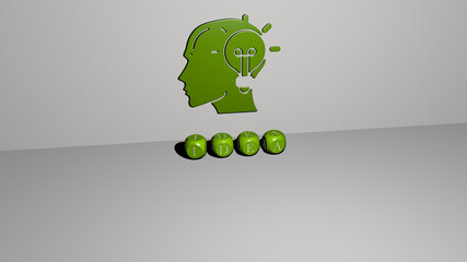 3D illustration of idea graphics and text made by metallic dice letters for the related meanings of the concept and presentations. background and business