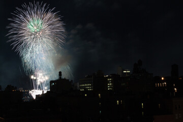 firework over city silhouette skyline