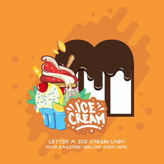 Letter M Delicious Chocolate Melting Ice Cream Cup Logo on Orange Background. Vector Flat Modern Style. Colorful Logo in Cartoon Style Illustration for Ice Cream Shop Café and Restaurant
