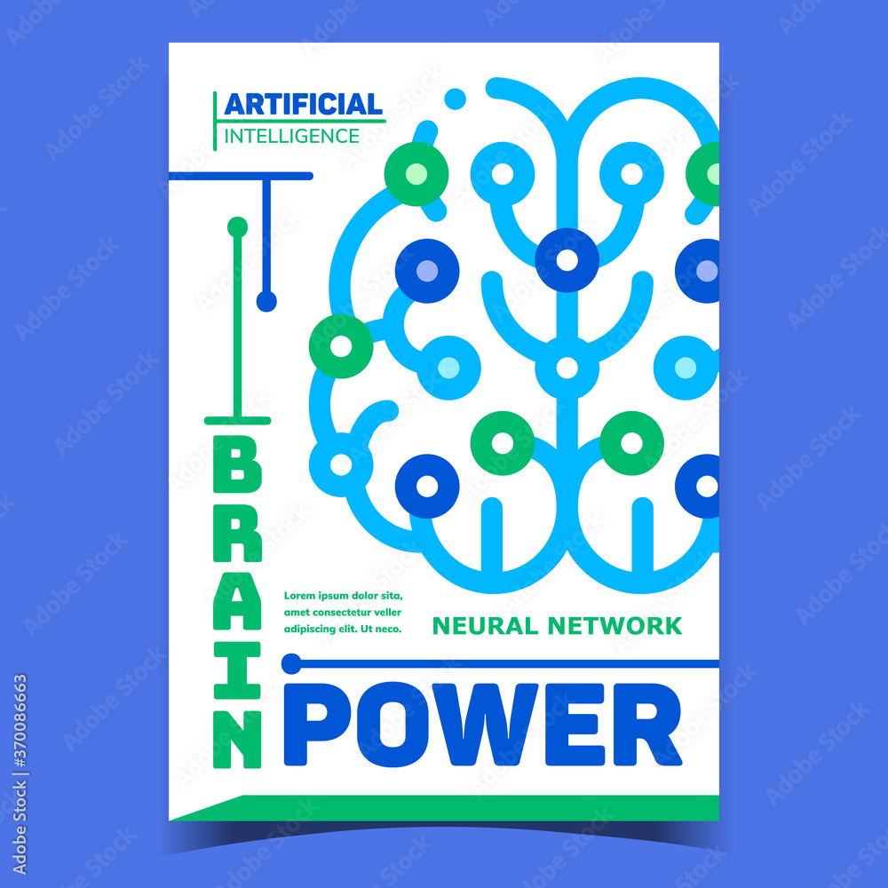 Poster digital brain power promotional banner vector. brain neural network artificial intelligence and elec