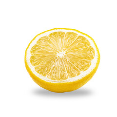 Macro closeup photo of slice lemon fruit isolated on white background with shadow
