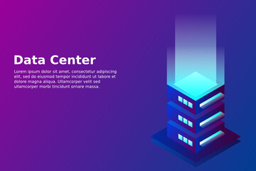 Datacenter isometric vector illustration. Abstract 3d hosting server or data center room background. Network or mainframe infrastructure website header layout. Computer storage or farming workstation.