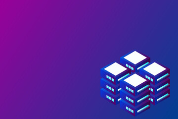 Datacenter isometric vector illustration. Abstract 3d hosting server or data center room background. Network or mainframe infrastructure website header layout. Computer storage or farming workstation.