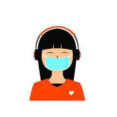a girl listening to music from headphone and wearing a mask, sick, virus, sing