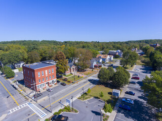 Fototapeta premium Ashland town center aerial view including Public Library on Front Street in Ashland, Massachusetts MA, USA.