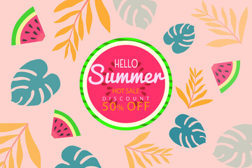 Fototapeta na wymiar Summer background Vector illustration. 50% off sale banner template. design with white circle for text and colorful summer food and leaves element discount web poster and advertising.