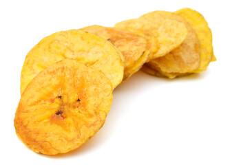 Banana chips on white background