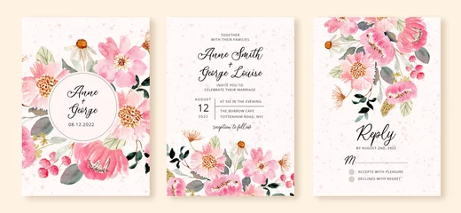 Schilderijen op glas Geschilderde Bloemen wedding invitation set with pink flower garden watercolor  © wulano