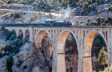 Obraz premium A diesel train passing over the bridge - Varda railway bridge - Adana, Turkey