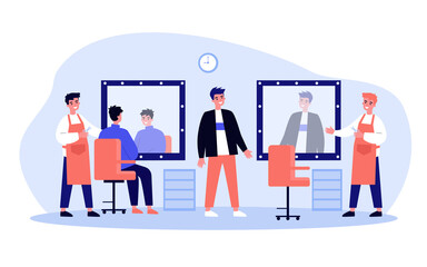 Happy hairdressers standing at chairs and working with their male clients. Young men visiting barbershop. Vector illustration for haircut, parlor, hairdressing salon concept
