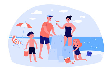 Happy family with children enjoying vacation on sea beach. Parents and kids building sand castle. Vector illustration for playing together, sandcastle, summer activities concept