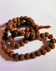 Rudraksha japa Mala or Prayer beads made from the seeds of the rudraksha tree on white background...