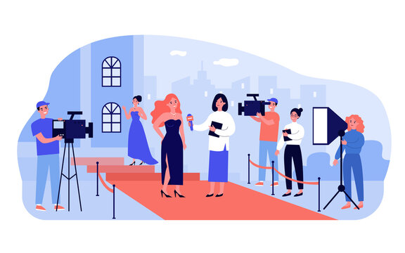 Reporter interviewing famous celebrity on red carpet. Cameramen filming movie stars at award show. Vector illustration for premier night, movie festival, celebrities party concept