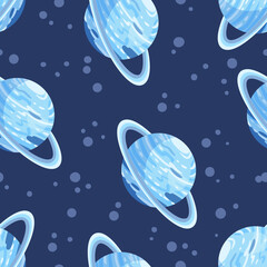 Uranus abstract seamless space pattern background with planets with rings. Solar system planets children wallpaper texture tile. Vector stock image © Olga