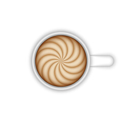 Ceramic coffee cup latte art top view realistic vector 3d model isolated on white, cappuccino with microfoam cream drawing