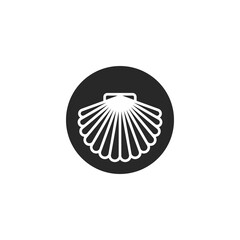 Scallop shell logo of round shape, shellfish delicacy silhouette in thin lines minimalist style, emblem for the menu of the seafood restaurant.