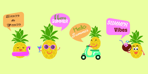 Cartoon Pineapple Summer fruits Vector illustration. typography, t-shirt graphics, Tropical, love, vibes, sun and fun, hello summer character flat icon isolated on white