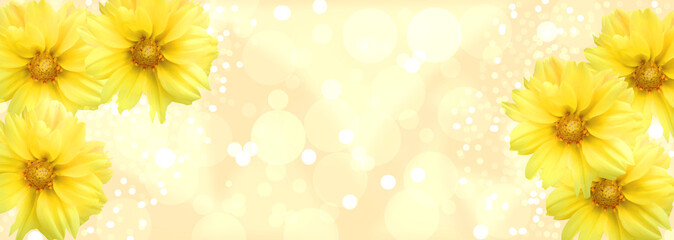 Obraz premium yellow flowers on the borders of the banner, decorative bokeh lights