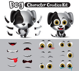 Dog characters creation vector set. Dogs character dalmatian animals editable create eyes, mouth and body kit with different feelings, pose  and gestures for animal collection design.