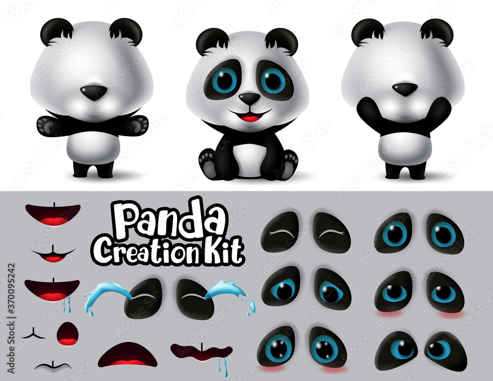Poster panda animals character creation vector set. pandas animal characters editable eyes and mouth create