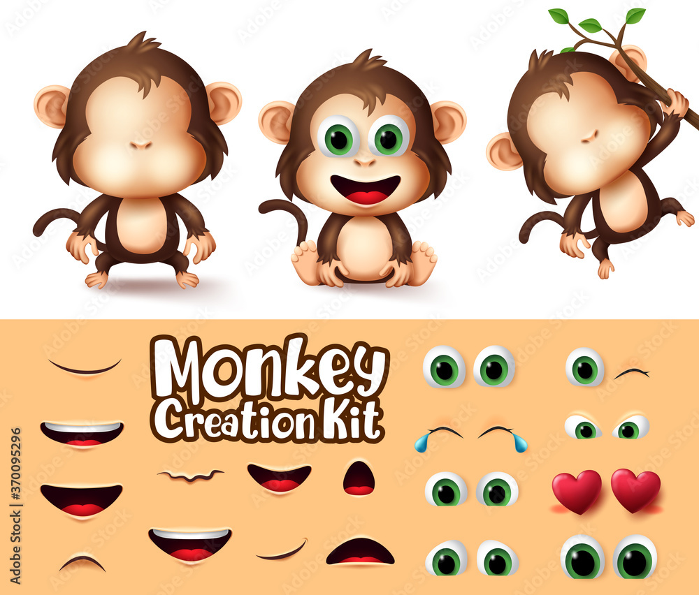 Poster monkey animals character creation vector set. monkeys animal characters eyes and mouth editable crea